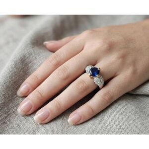 Ring Sapphire with Diamond Clusters Sz 7 3/4